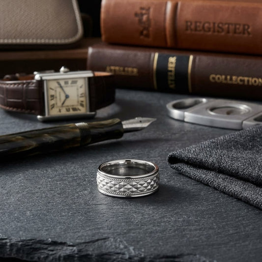 8mm High Polish Cross Hatch Center Carved Wedding Band in 14K White Gold, on walnut surface with pocket square