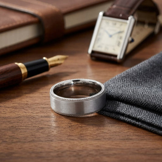 8mm Satin Finish Carved Wedding Band in 14K White Gold, on walnut surface with pocket square