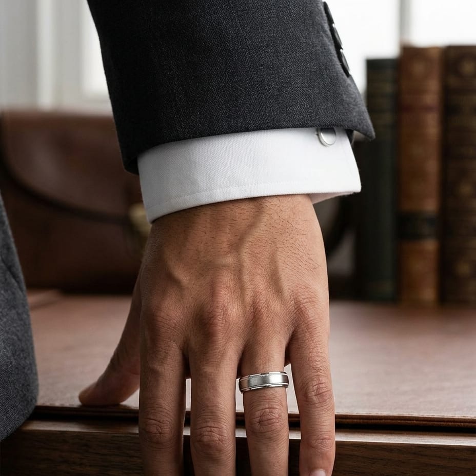 7mm Round Edge Swirl Finish Carved Wedding Band in 14K White Gold, worn on hand, masculine full view