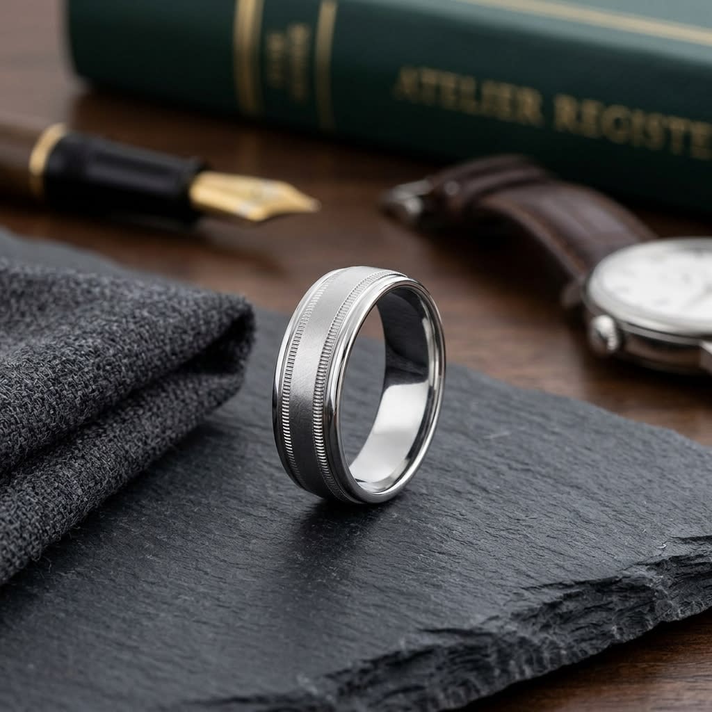 7mm Round Edge Swirl Finish Carved Wedding Band in 14K White Gold, on walnut surface with pocket square
