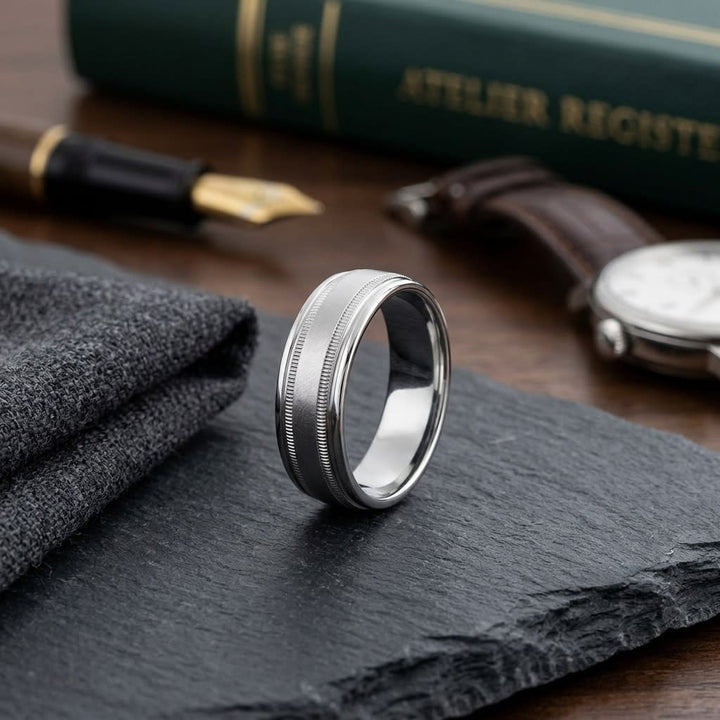 7mm Round Edge Swirl Finish Carved Wedding Band in 14K White Gold, on walnut surface with pocket square