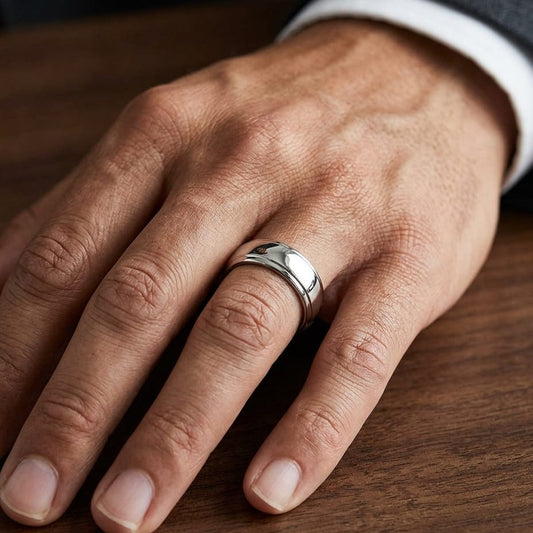 6.5mm Drop Edge High Polish Carved Wedding Band in 14K White Gold, worn on hand, masculine close-up
