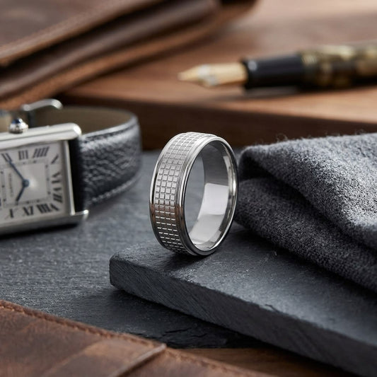 7mm High Polish Cross Hatch Center Carved Wedding Band in 14K White Gold, on walnut surface with pocket square