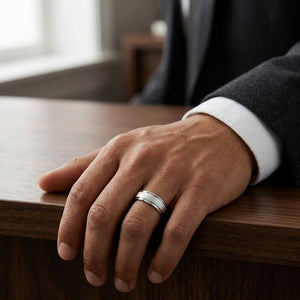 7mm Florentine Center High Polish Round Edge Carved Wedding Band in 14K White Gold, worn on hand, masculine full view