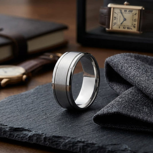 8mm Satin Finish Carved Wedding Band in 14K White Gold, on walnut surface with pocket square