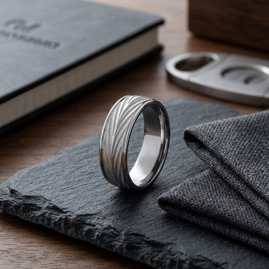 7mm Comfort-Fit Wedding Band in 14K White Gold, on walnut surface with pocket square