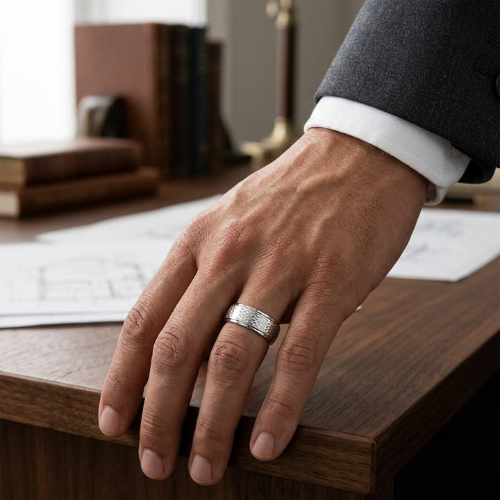 7.5mm Round Edge Mesh Center Carved Wedding Band in 14K White Gold, worn on hand, masculine full view