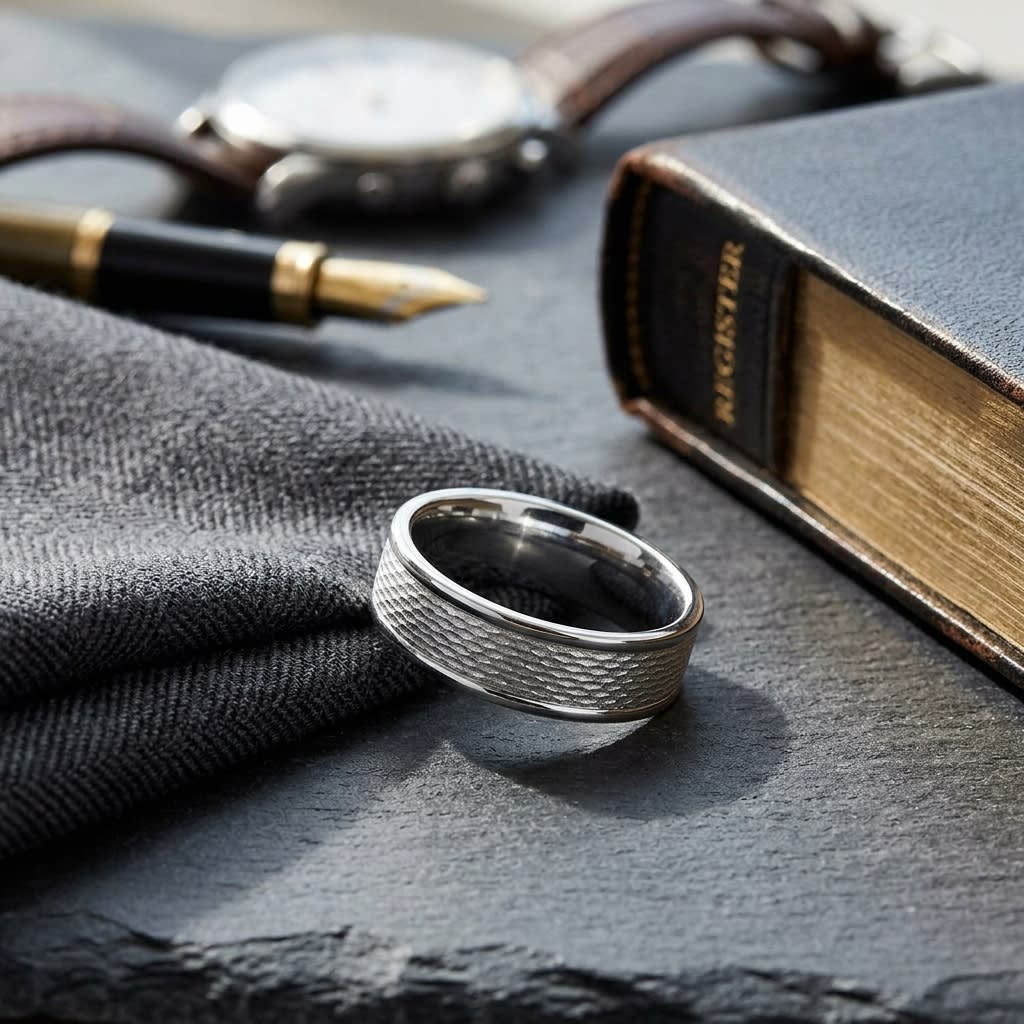 7.5mm Round Edge Mesh Center Carved Wedding Band in 14K White Gold, on walnut surface with pocket square