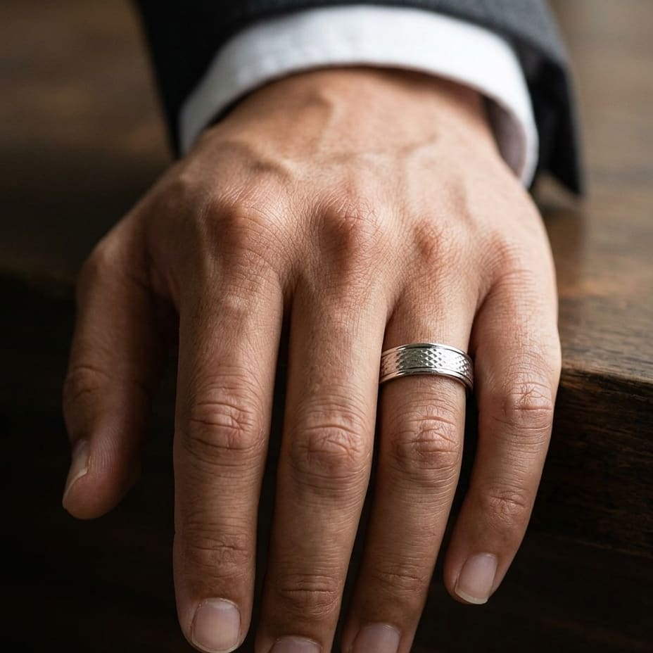 4.5mm Round Edge Mesh Center Carved Wedding Band in 14K White Gold, worn on hand, masculine close-up