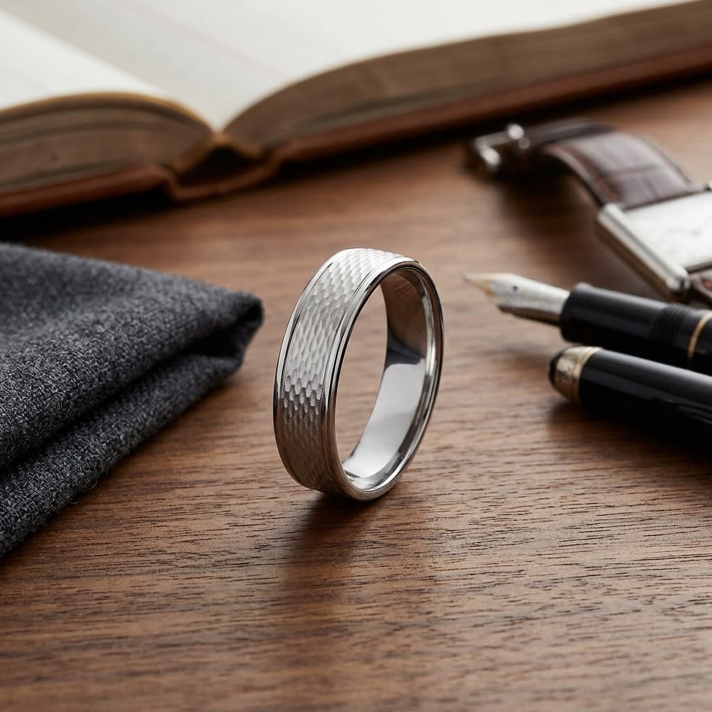 4.5mm Round Edge Mesh Center Carved Wedding Band in 14K White Gold, on walnut surface with pocket square