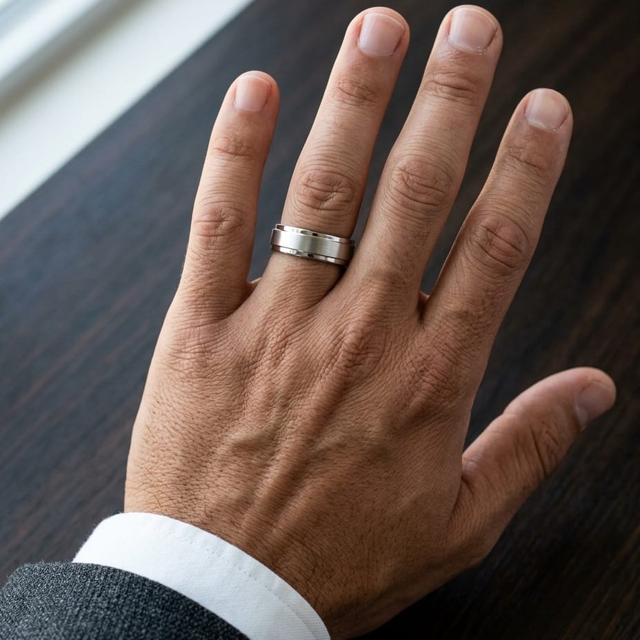 7mm Satin Finish Carved Wedding Band in 14K White Gold, worn on hand, masculine close-up