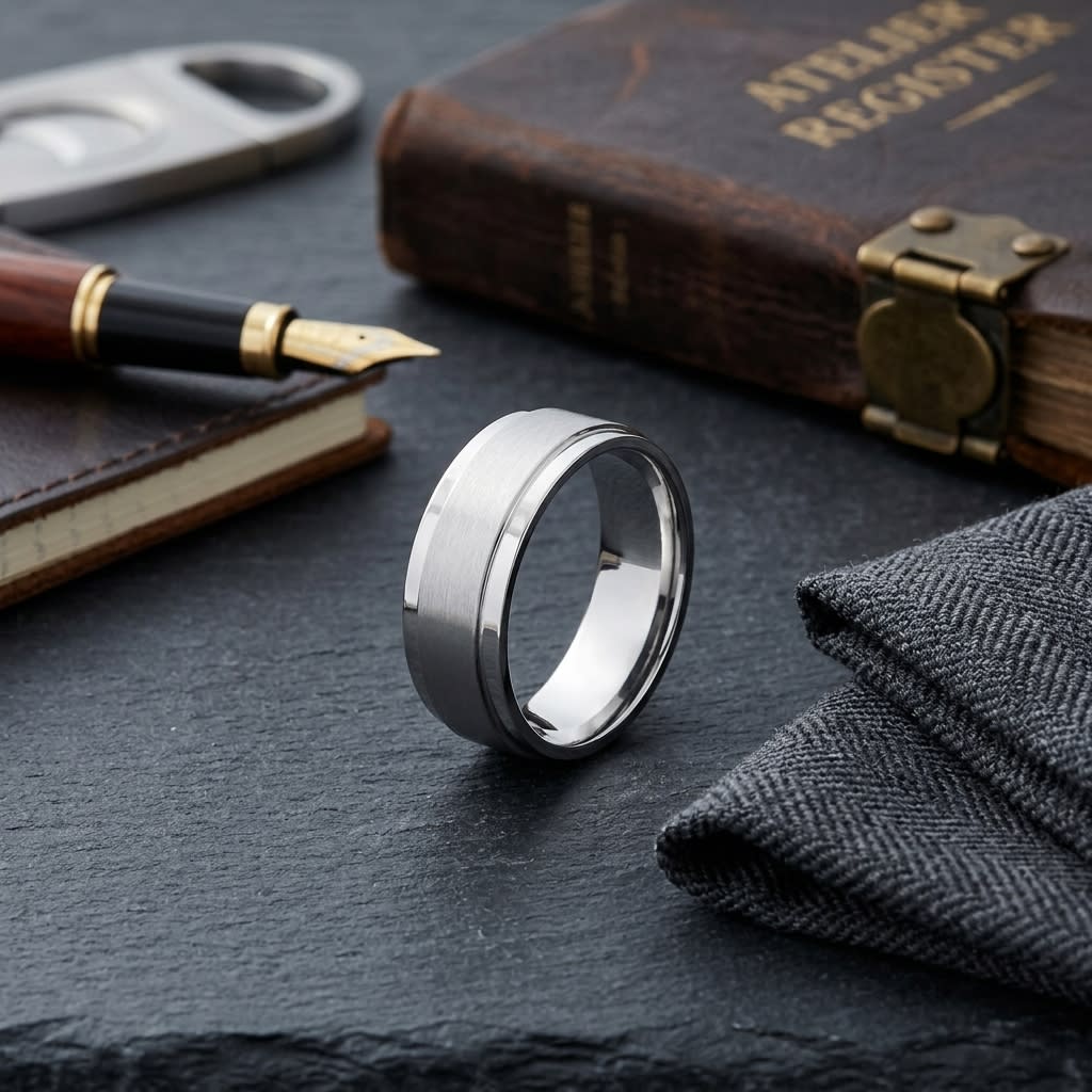 7mm Satin Finish Carved Wedding Band in 14K White Gold, on walnut surface with pocket square