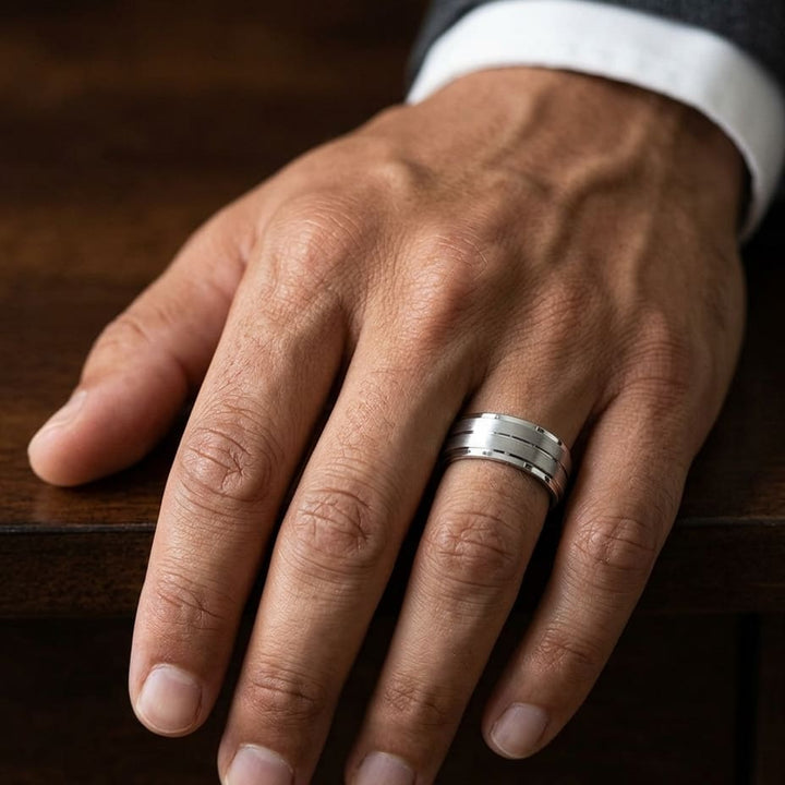 8mm Satin Finish Carved Wedding Band in 14K White Gold, worn on hand, masculine close-up