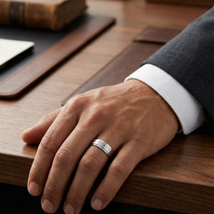 8mm Satin Finish Carved Wedding Band in 14K White Gold, worn on hand, masculine full view