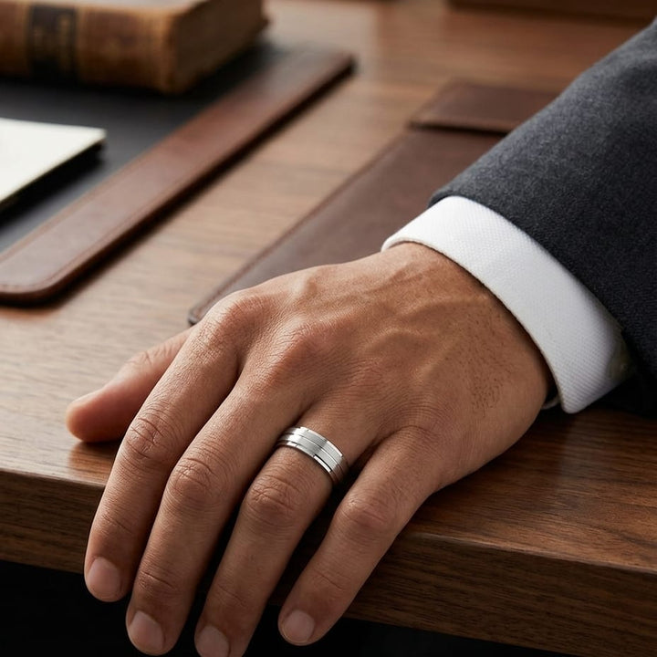 8mm Satin Finish Carved Wedding Band in 14K White Gold, worn on hand, masculine full view