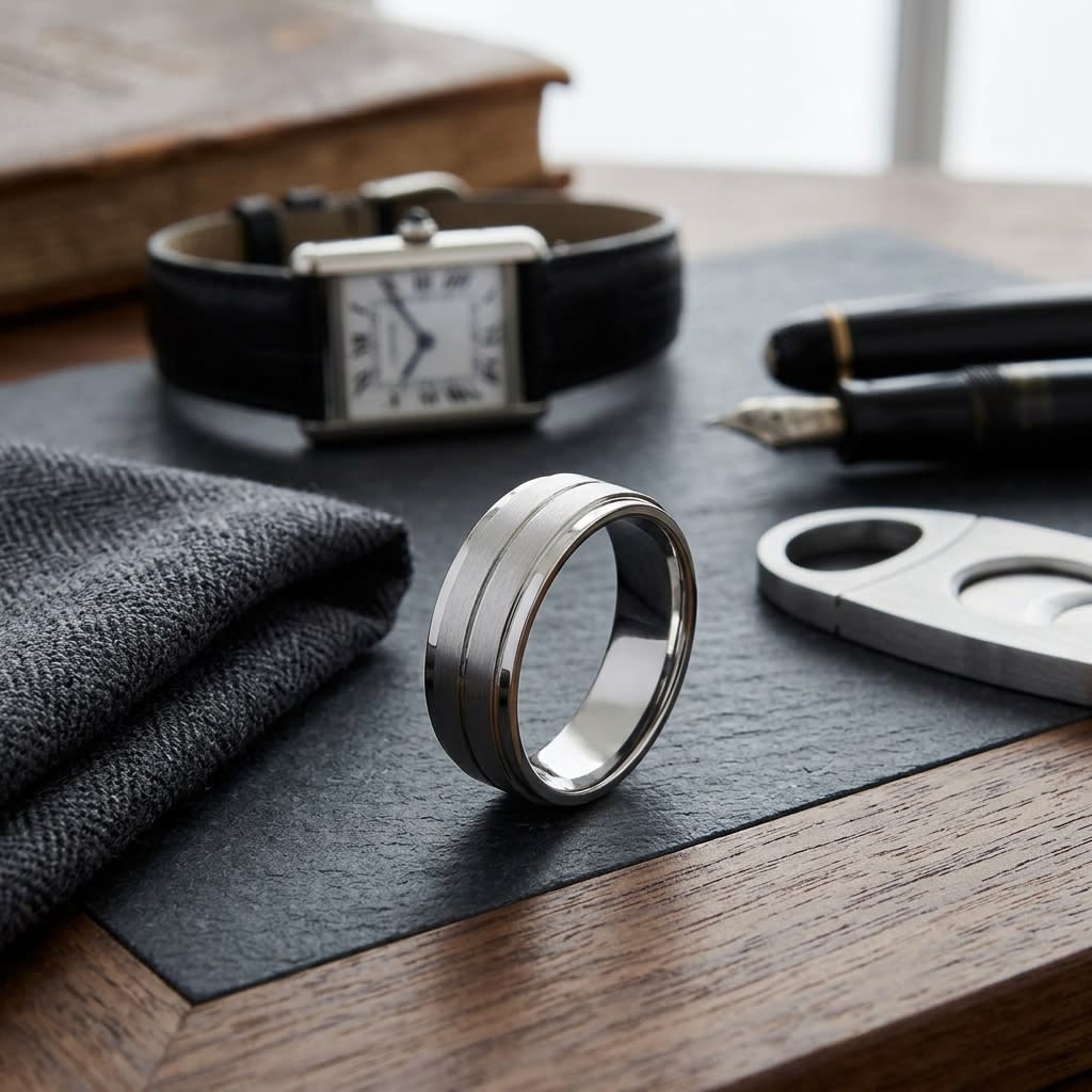 8mm Satin Finish Carved Wedding Band in 14K White Gold, on walnut surface with pocket square