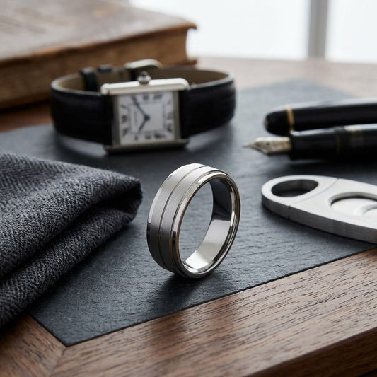 8mm Satin Finish Carved Wedding Band in 14K White Gold, on walnut surface with pocket square