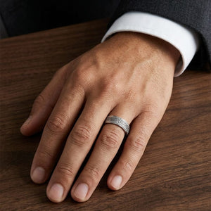 6mm Celtic Knot Carved Wedding Band in 14K White Gold, worn on hand, masculine full view