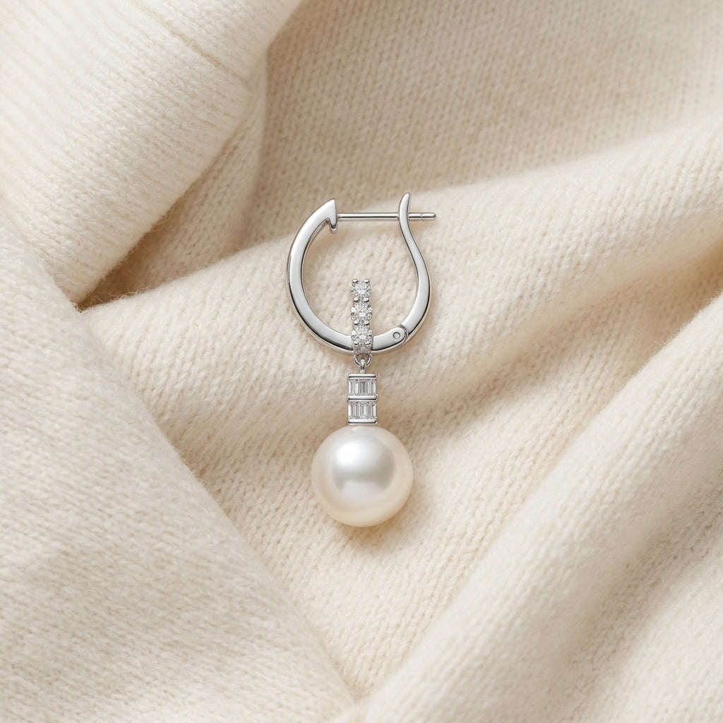 Akoya Pearl & Diamond Earrings 1/5ctw in 14K White Gold - flat lay