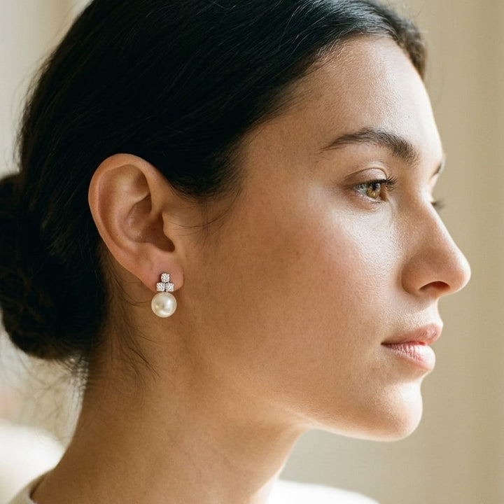 White Akoya Pearl with Diamond Earrings in 14K White Gold - lifestyle