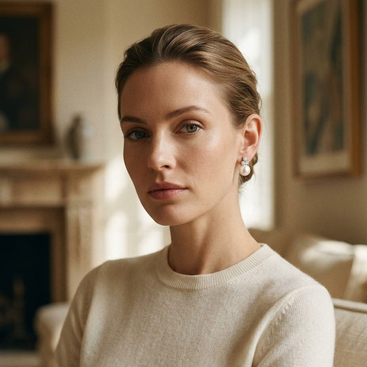 White Akoya Pearl with Diamond Earrings in 14K White Gold - on model