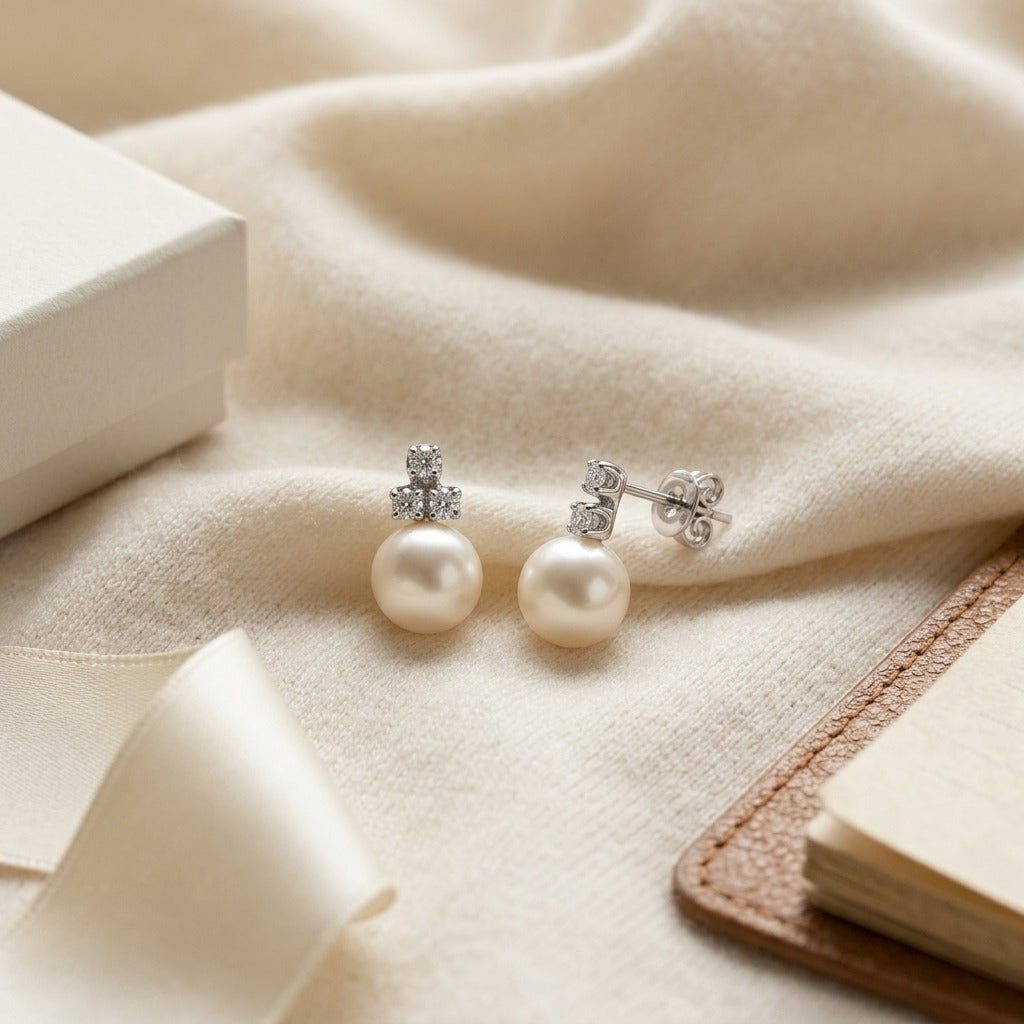 White Akoya Pearl with Diamond Earrings in 14K White Gold - flat lay