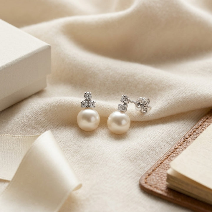 White Akoya Pearl with Diamond Earrings in 14K White Gold - flat lay