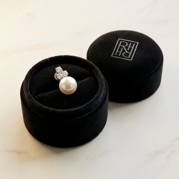 White Akoya Pearl with Diamond Earrings in 14K White Gold - presentation