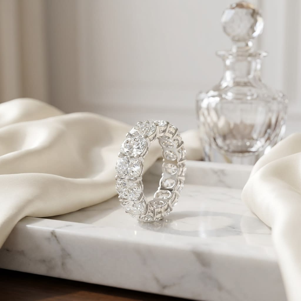 Elongated Cushion Lab Diamond Eternity Band, on marble vanity tray with silk