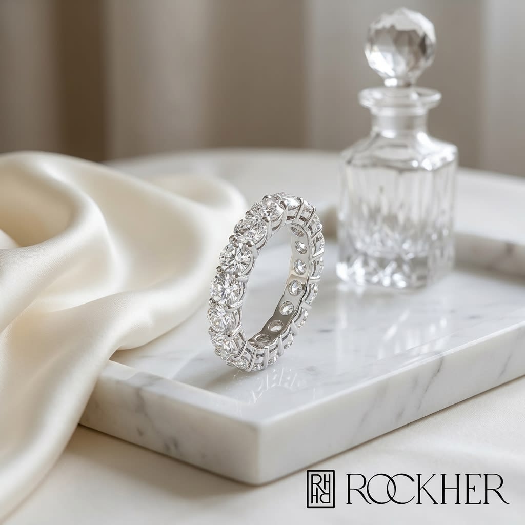 Round Brilliant Lab Diamond Eternity Band, on marble vanity tray with silk