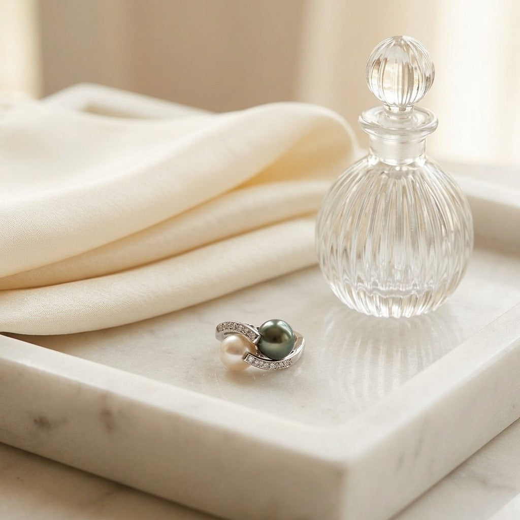 Black South Sea Pearl & White Akoya Pearl Ring in 14K White Gold - lifestyle
