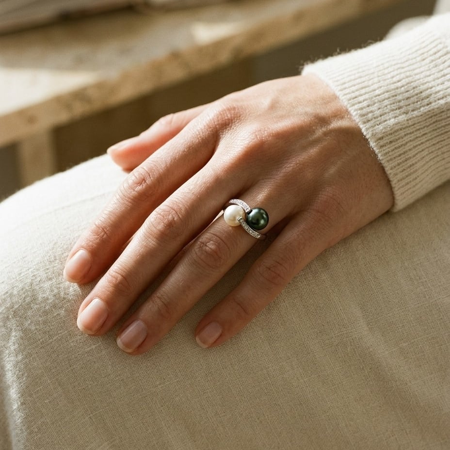 Black South Sea Pearl & White Akoya Pearl Ring in 14K White Gold - editorial