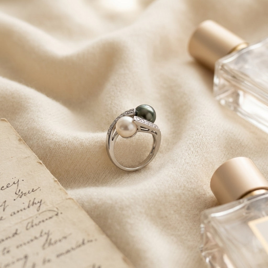 Black South Sea Pearl & White Akoya Pearl Ring in 14K White Gold - flat lay