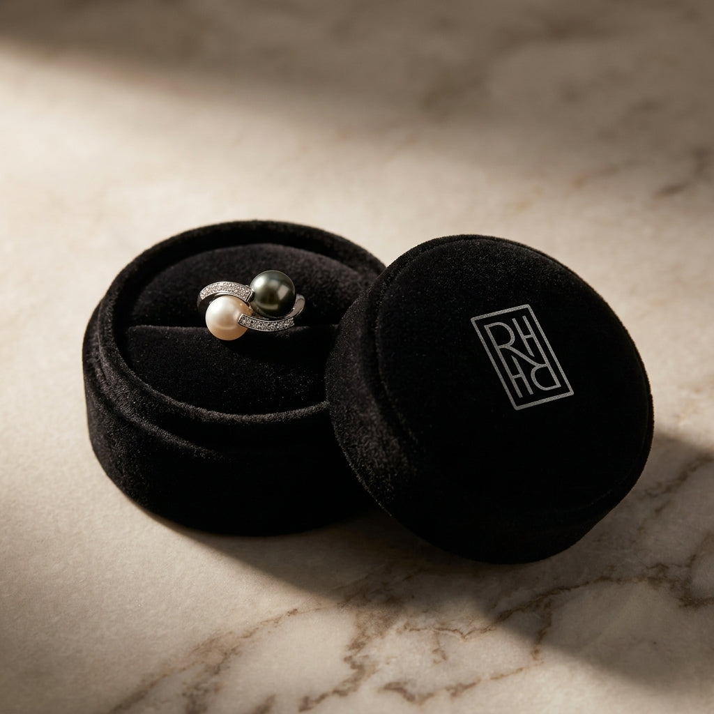 Black South Sea Pearl & White Akoya Pearl Ring in 14K White Gold - presentation