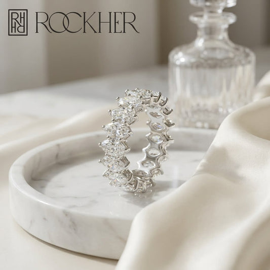 Marquise Cut Lab Diamond Eternity Band, on marble vanity tray with silk