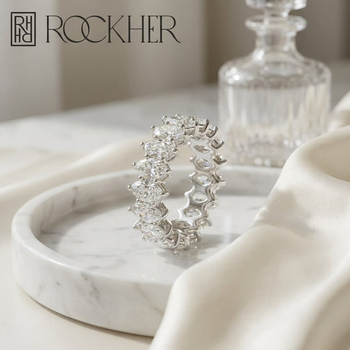 Marquise Cut Lab Diamond Eternity Band, on marble vanity tray with silk