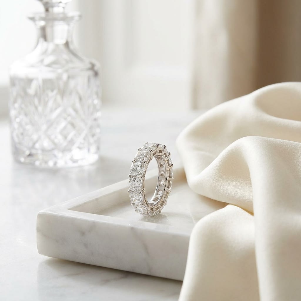 Cushion Cut Natural Diamond Eternity Band, on marble vanity tray with silk