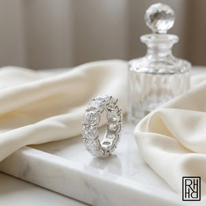 Elongated Cushion Natural Diamond Eternity Band, on marble vanity tray with silk
