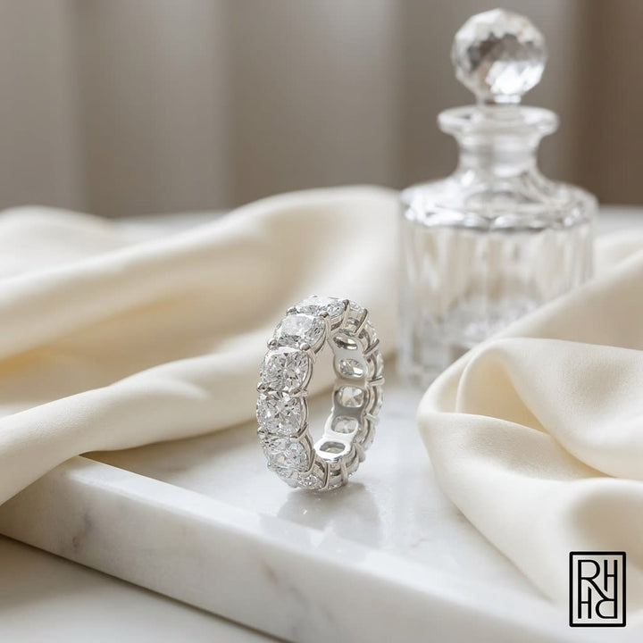 Elongated Cushion Natural Diamond Eternity Band, on marble vanity tray with silk