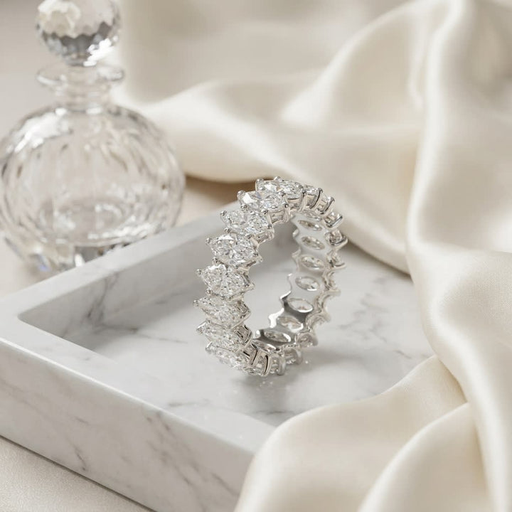 Marquise Cut Natural Diamond Eternity Band, on marble vanity tray with silk