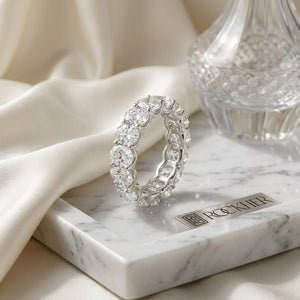 Oval Cut Lab Diamond Eternity Band, on marble vanity tray with silk