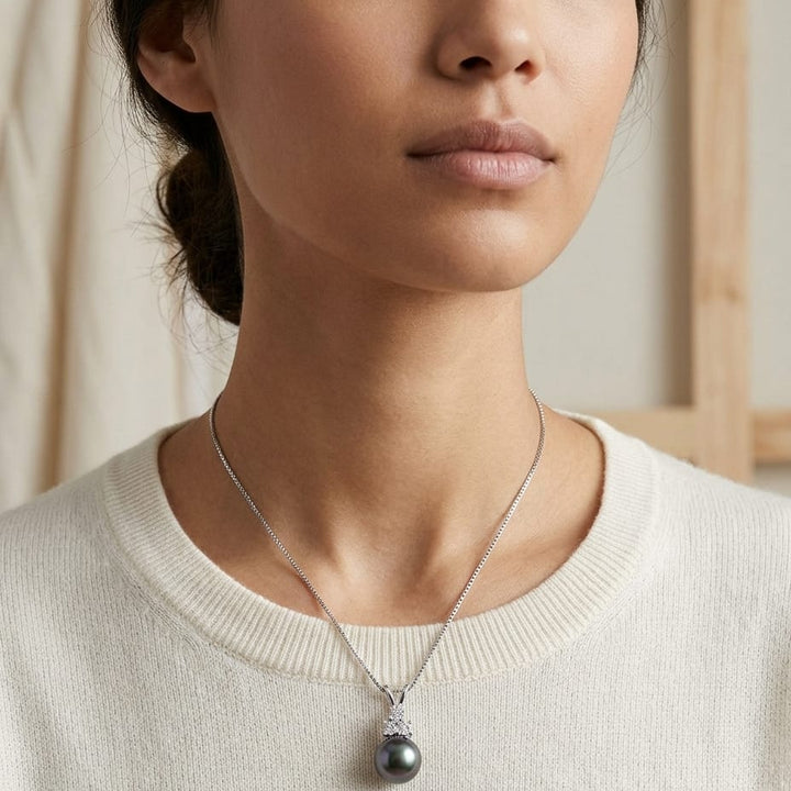 Black Tahitian Pearl & Diamond Drop Pendant in 14K White Gold - lifestyle