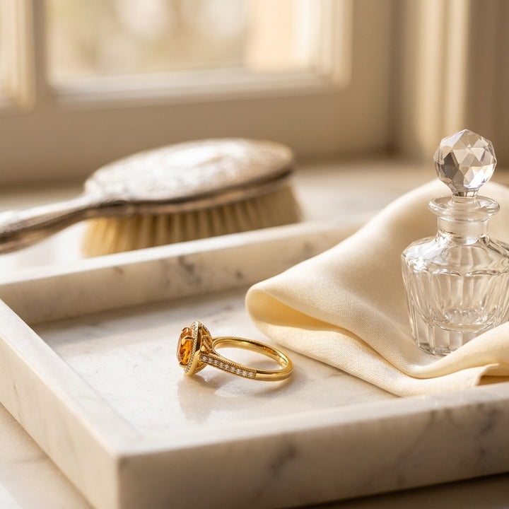 Citrine & Diamond Halo Ring 1/4ctw in 14K Yellow Gold - lifestyle