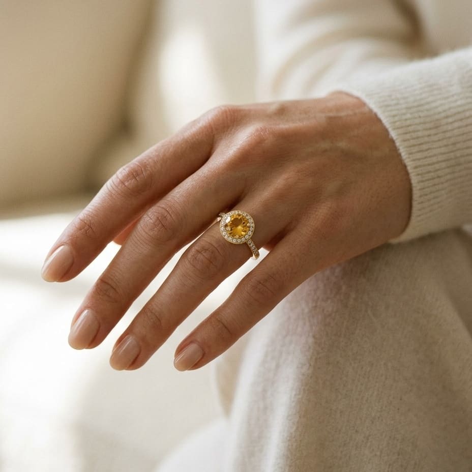 Citrine & Diamond Halo Ring 1/4ctw in 14K Yellow Gold - editorial