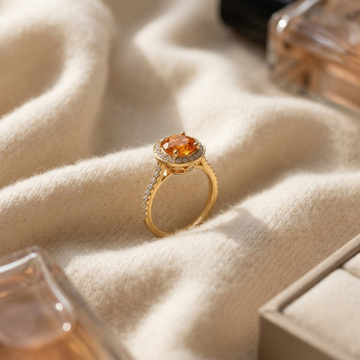 Citrine & Diamond Halo Ring 1/4ctw in 14K Yellow Gold - flat lay