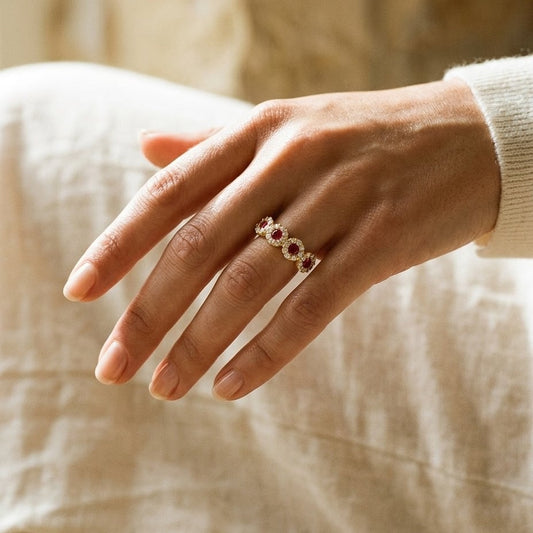 Ruby & Diamond 4-Halo Band in 14K Yellow Gold - editorial
