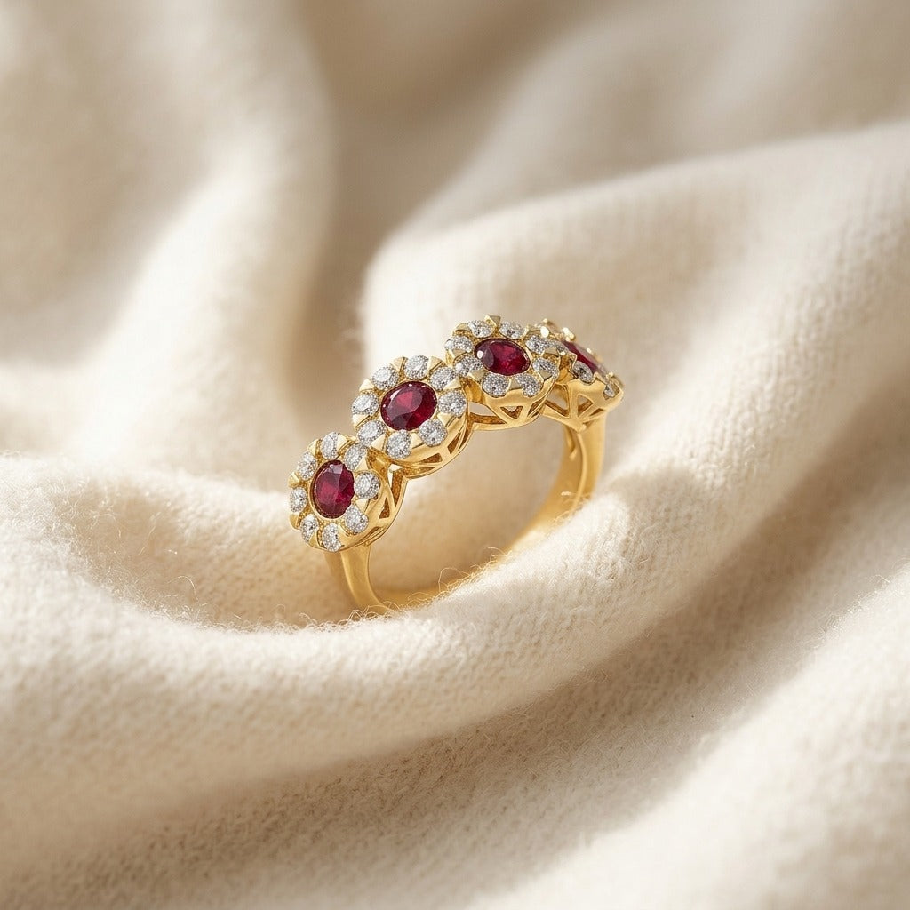 Ruby & Diamond 4-Halo Band in 14K Yellow Gold - flat lay