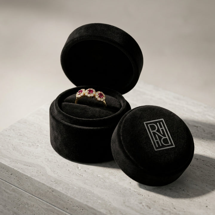 Ruby & Diamond 4-Halo Band in 14K Yellow Gold - presentation