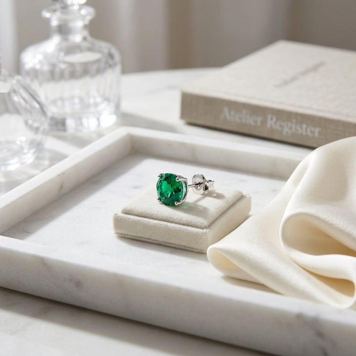 Created Emerald Round 4-Prong Stud Earrings with Screwbacks 6mm in 14K Yellow Gold - lifestyle