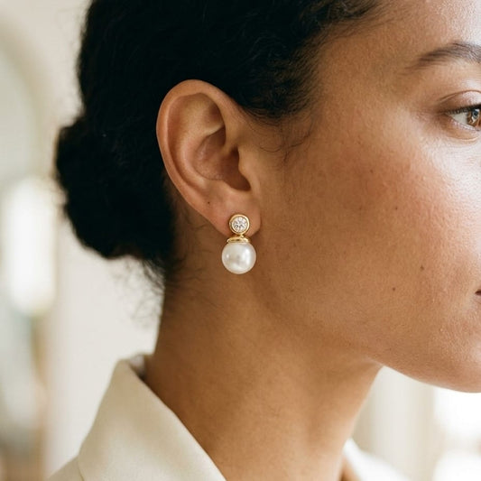 White Akoya Pearl with Diamond Earrings in 14K Yellow Gold - editorial